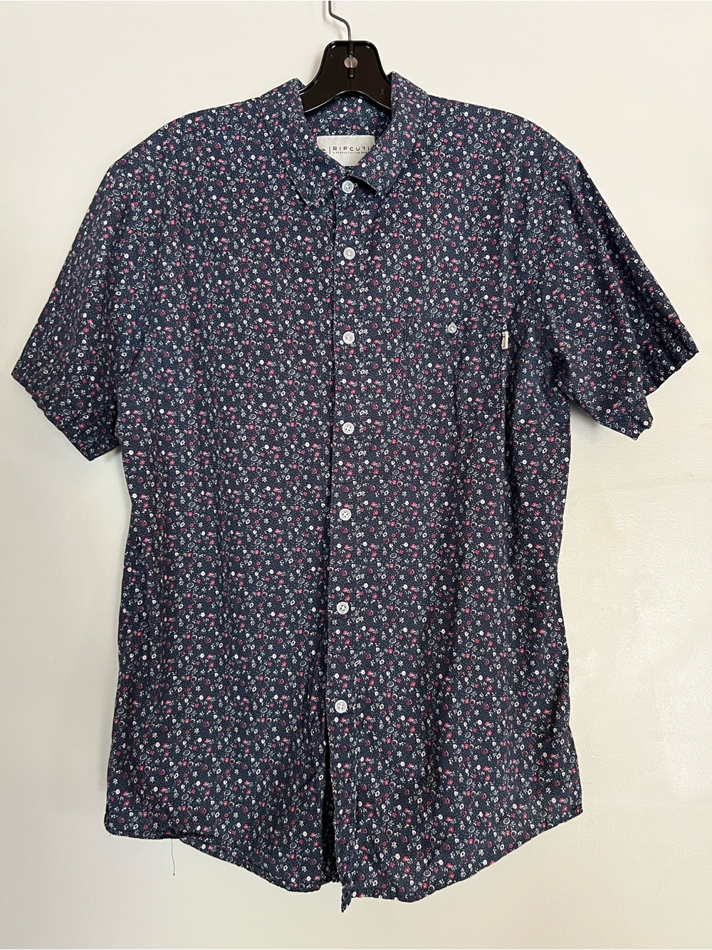 Rip Curl Mens Navy Floral Short Sleeve Button Front Shirt Tailored Fit Size L